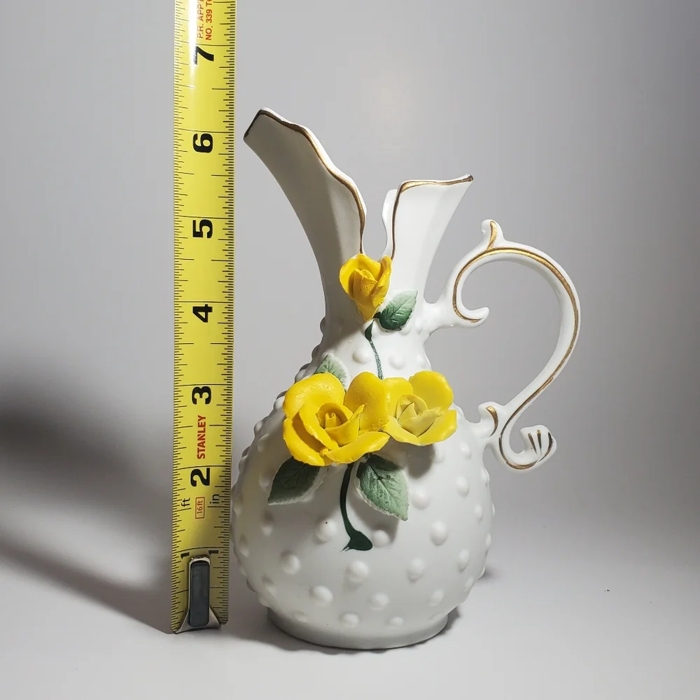 Vintage Lefton China, Japan Porcelain Pitcher Vase with Yellow Rose Flowers EVC